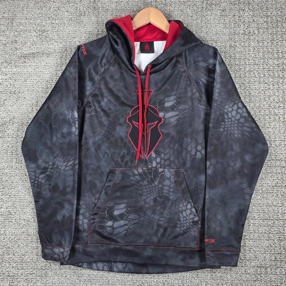 Kryptek‎ Mens XS Spartan Logo Hoodie Typhon Camo Black Red Fleece Pullover